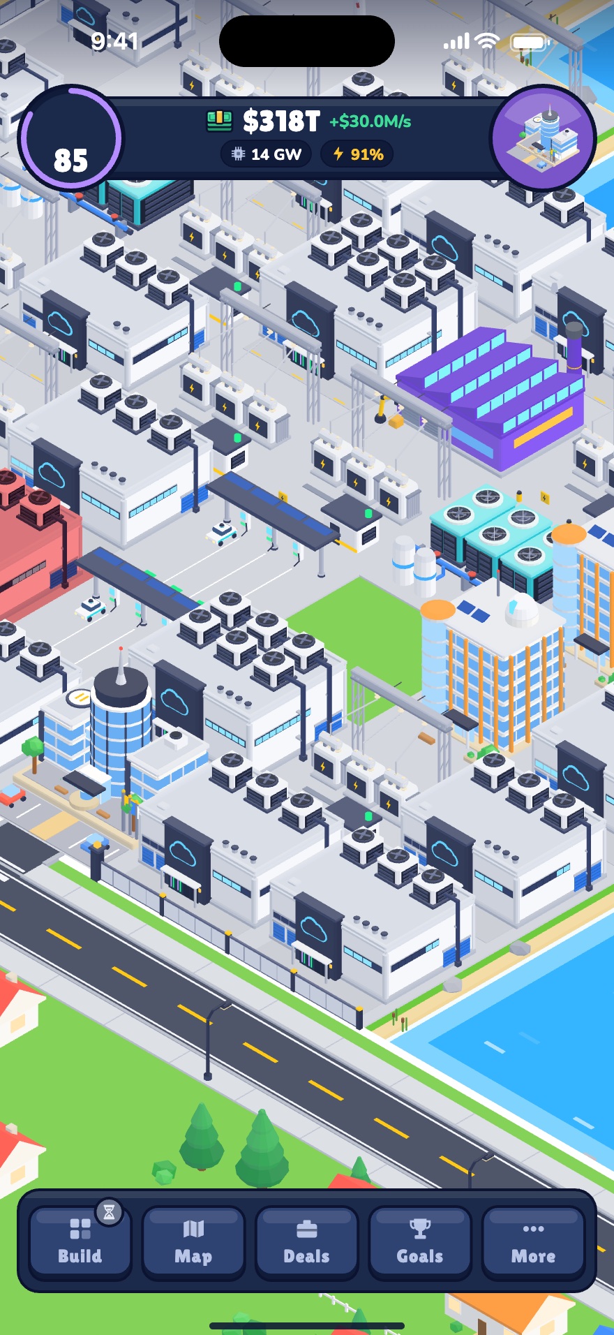 The game on an iPhone: a dense campus of data halls, substations, cooling plants and a headquarters tower beside a road and a river